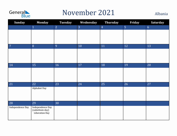 November 2021 Albania Calendar (Sunday Start)