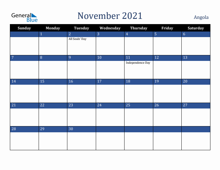 November 2021 Angola Calendar (Sunday Start)