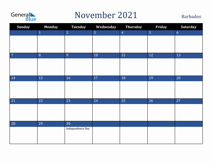 November 2021 Barbados Calendar (Sunday Start)