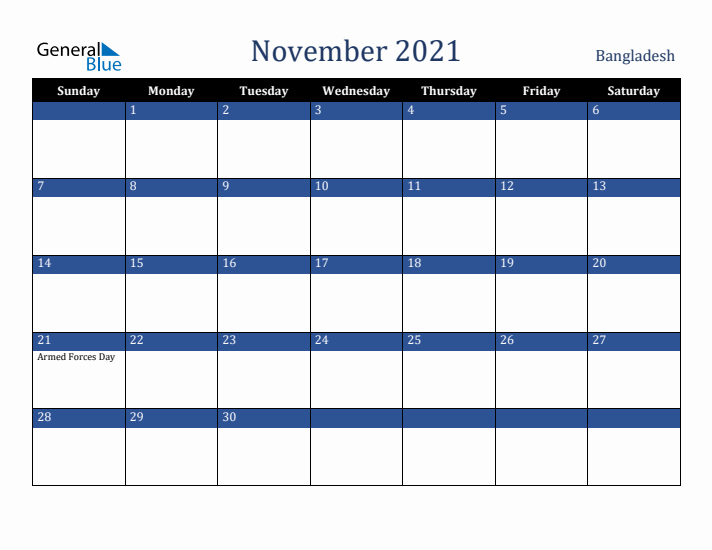 November 2021 Bangladesh Calendar (Sunday Start)