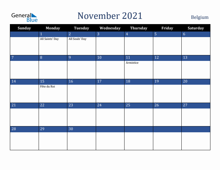 November 2021 Belgium Calendar (Sunday Start)