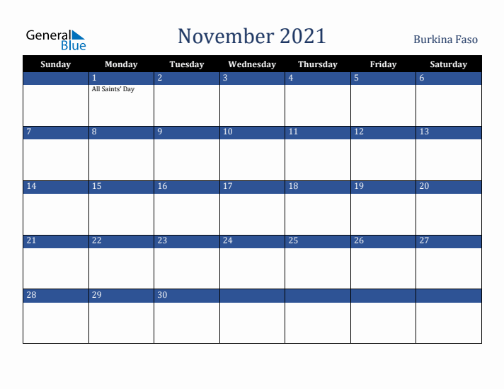 November 2021 Burkina Faso Calendar (Sunday Start)