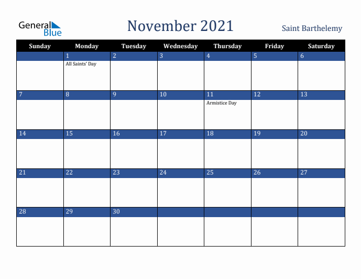 November 2021 Saint Barthelemy Calendar (Sunday Start)