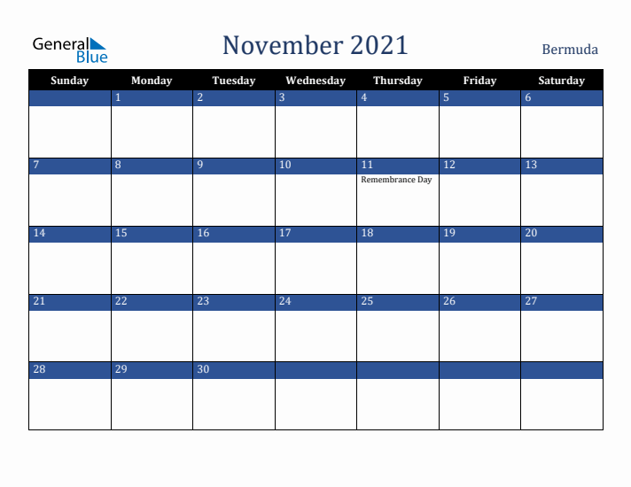 November 2021 Bermuda Calendar (Sunday Start)