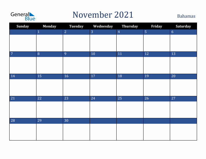 November 2021 Bahamas Calendar (Sunday Start)