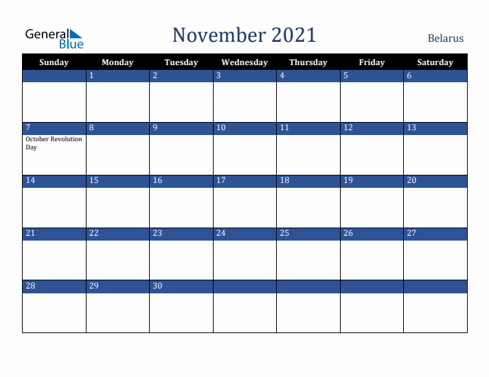 November 2021 Belarus Calendar (Sunday Start)
