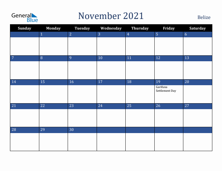 November 2021 Belize Calendar (Sunday Start)