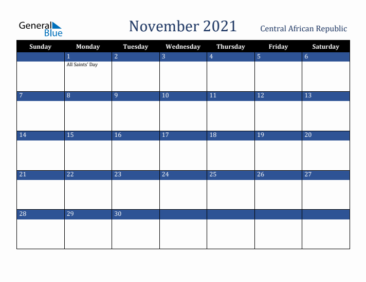 November 2021 Central African Republic Calendar (Sunday Start)