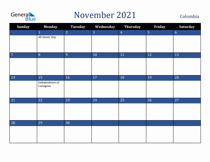 November 2021 Colombia Calendar (Sunday Start)