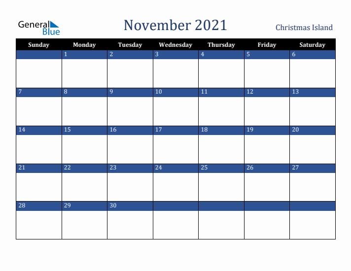 November 2021 Christmas Island Calendar (Sunday Start)