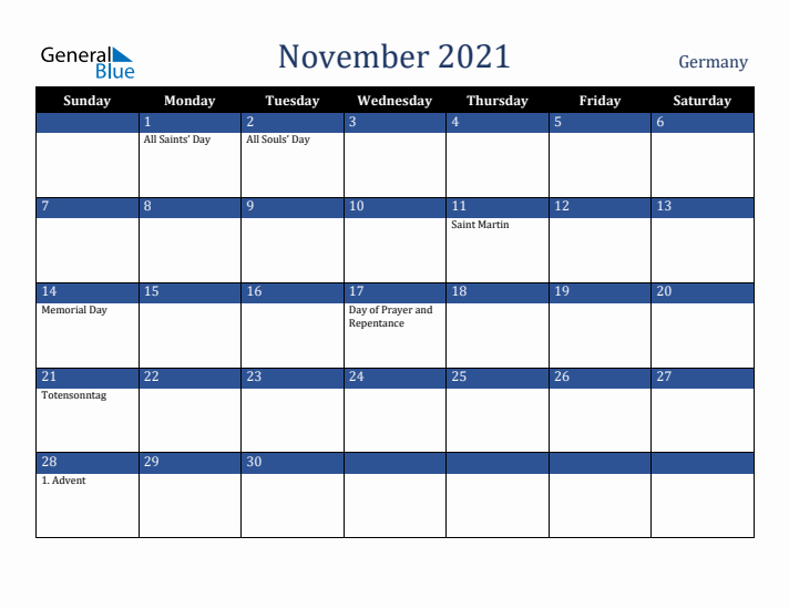 November 2021 Germany Calendar (Sunday Start)