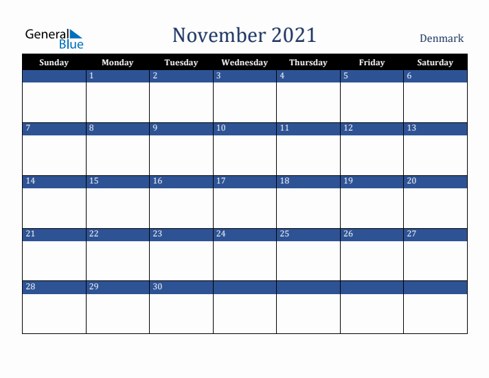 November 2021 Denmark Calendar (Sunday Start)