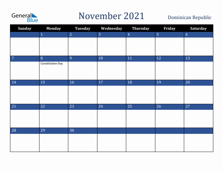 November 2021 Dominican Republic Calendar (Sunday Start)