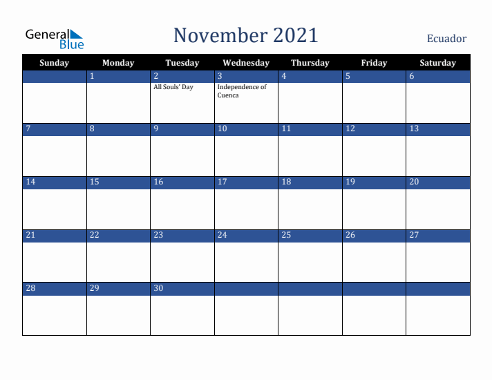 November 2021 Ecuador Calendar (Sunday Start)