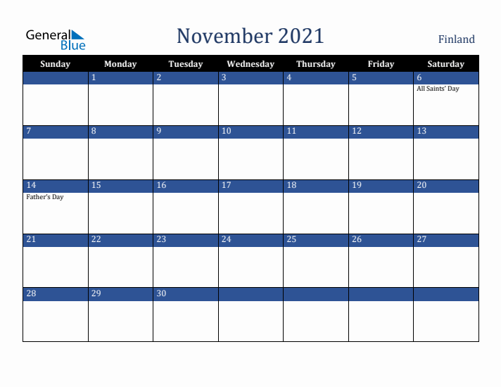 November 2021 Finland Calendar (Sunday Start)