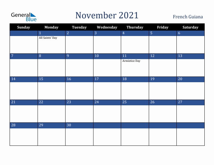 November 2021 French Guiana Calendar (Sunday Start)