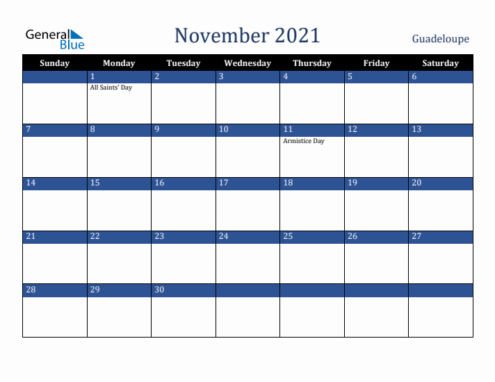 November 2021 Guadeloupe Calendar (Sunday Start)