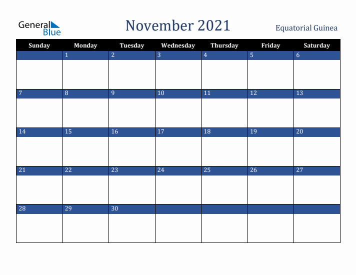 November 2021 Equatorial Guinea Calendar (Sunday Start)