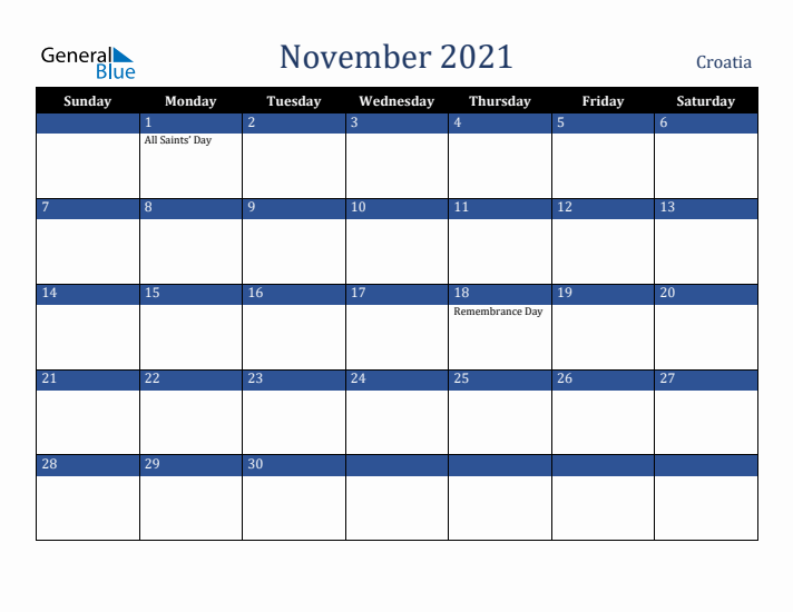 November 2021 Croatia Calendar (Sunday Start)