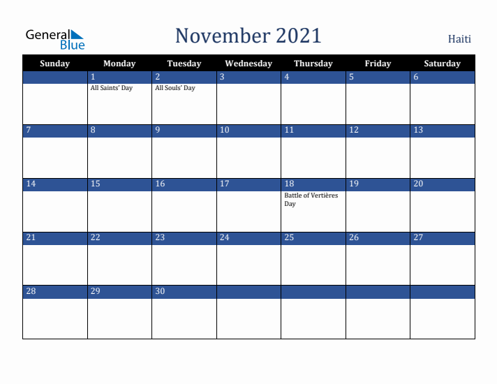 November 2021 Haiti Calendar (Sunday Start)