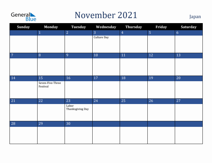 November 2021 Japan Calendar (Sunday Start)