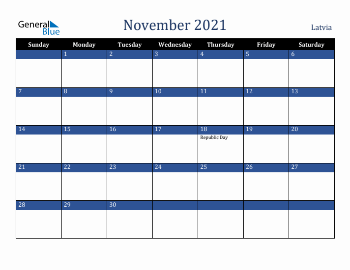 November 2021 Latvia Calendar (Sunday Start)