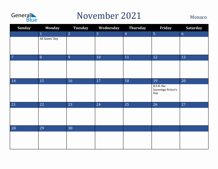 November 2021 Monaco Calendar (Sunday Start)