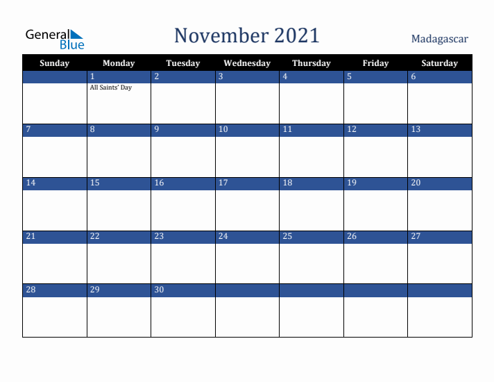 November 2021 Madagascar Calendar (Sunday Start)