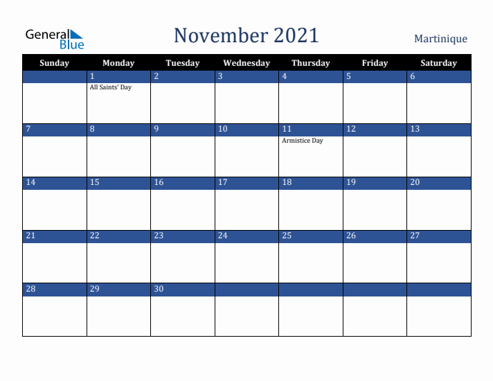 November 2021 Martinique Calendar (Sunday Start)
