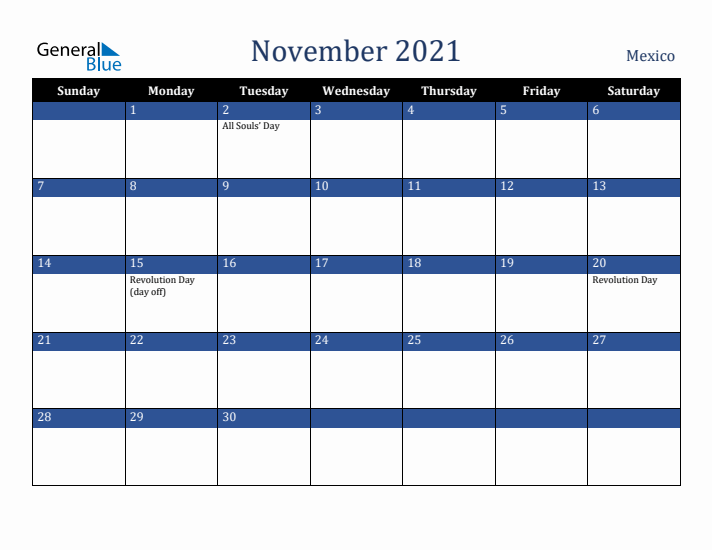 November 2021 Mexico Calendar (Sunday Start)