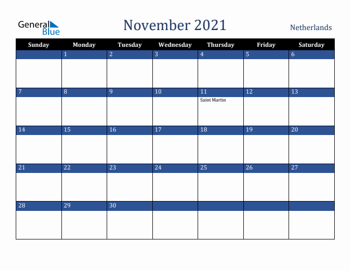 November 2021 The Netherlands Calendar (Sunday Start)