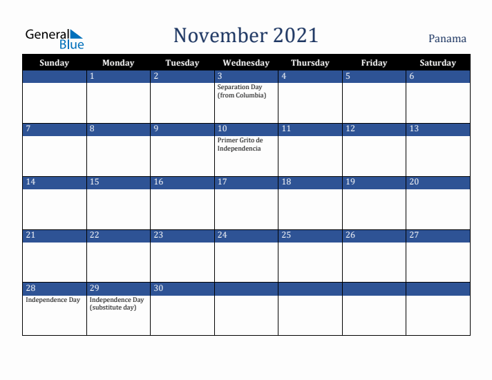 November 2021 Panama Calendar (Sunday Start)