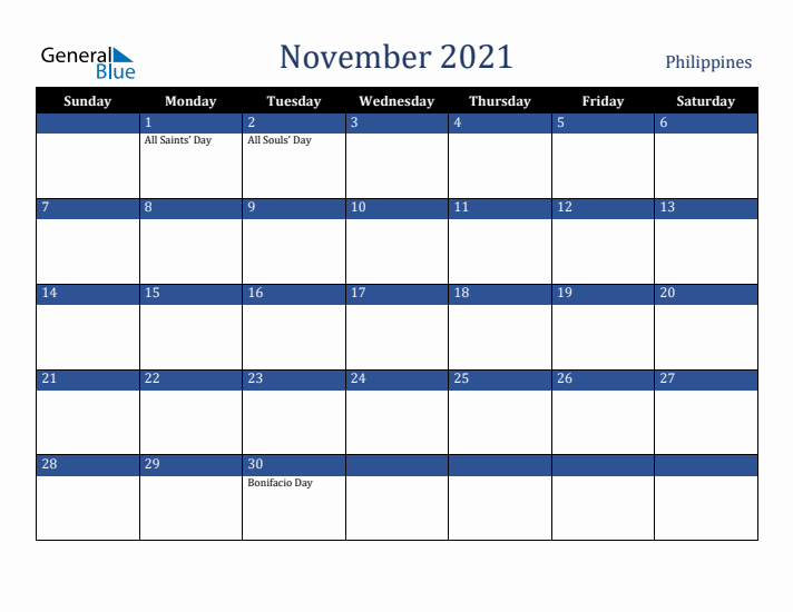 November 2021 Philippines Calendar (Sunday Start)