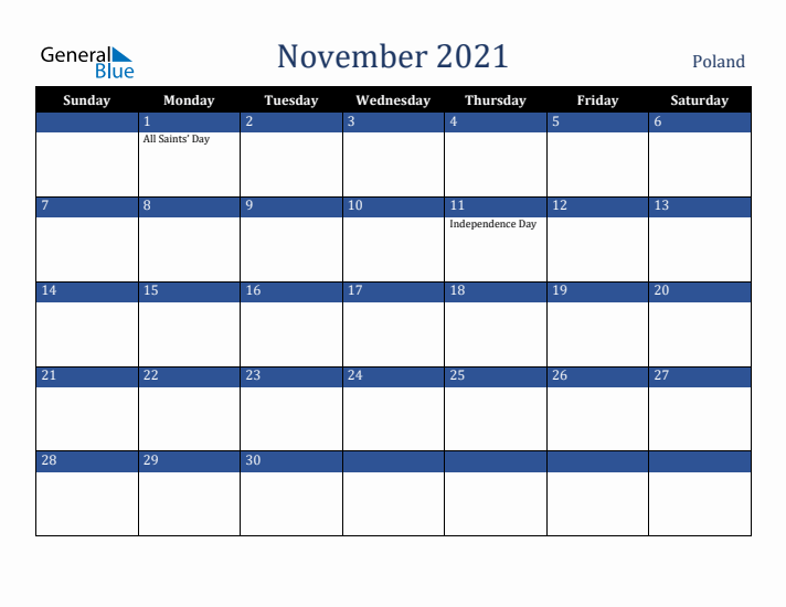 November 2021 Poland Calendar (Sunday Start)
