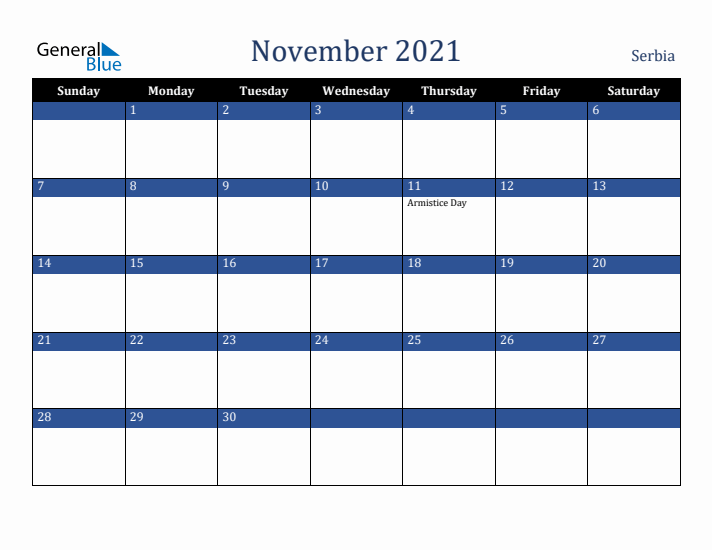 November 2021 Serbia Calendar (Sunday Start)