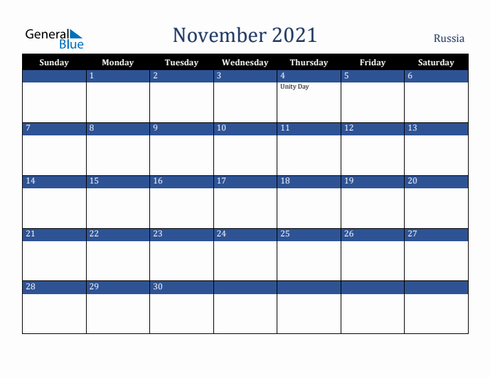 November 2021 Russia Calendar (Sunday Start)