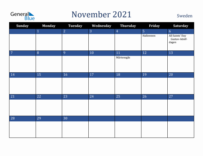 November 2021 Sweden Calendar (Sunday Start)