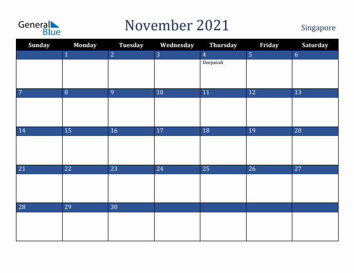 November 2021 Singapore Calendar (Sunday Start)
