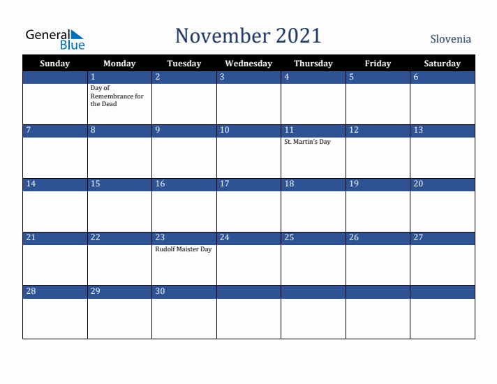 November 2021 Slovenia Calendar (Sunday Start)