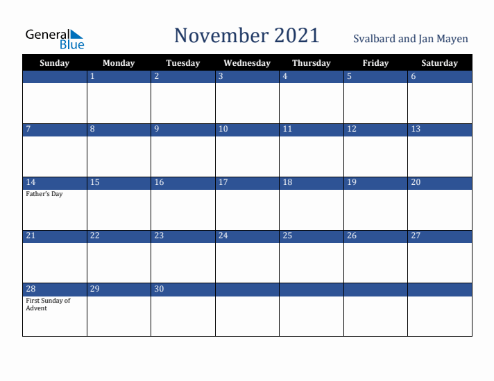 November 2021 Svalbard and Jan Mayen Calendar (Sunday Start)
