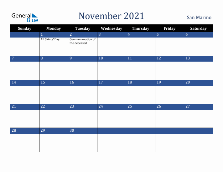 November 2021 San Marino Calendar (Sunday Start)