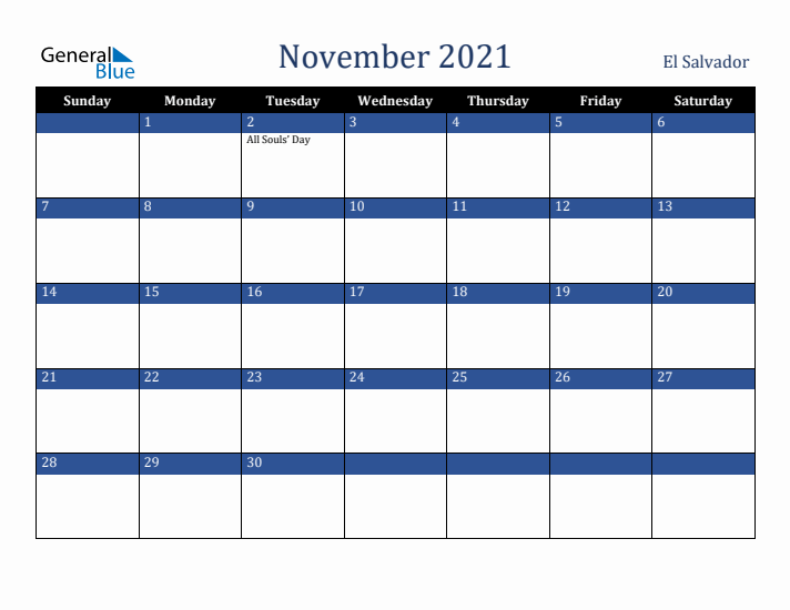 November 2021 El Salvador Calendar (Sunday Start)