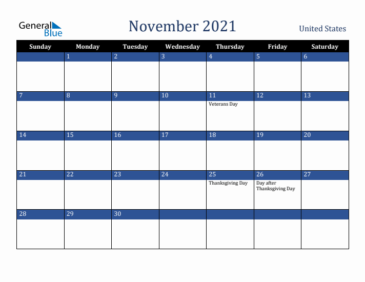 November 2021 United States Calendar (Sunday Start)