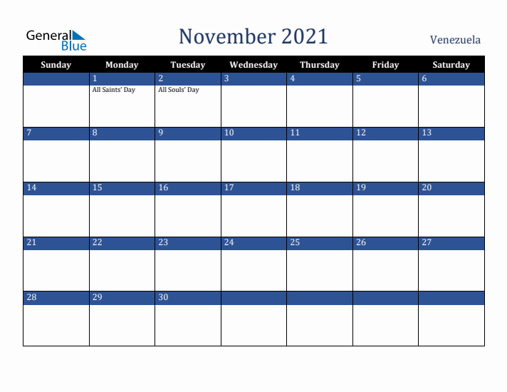 November 2021 Venezuela Calendar (Sunday Start)