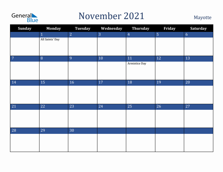 November 2021 Mayotte Calendar (Sunday Start)