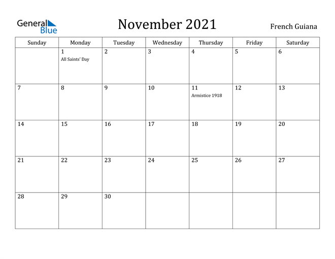 November 2021 Calendar French Guiana
