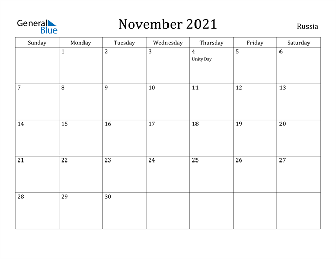 November 2021 Calendar Russia