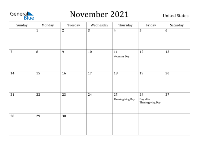 United States November 2021 Calendar With Holidays