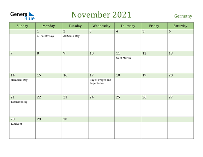 November 2021 Calendar with Germany Holidays