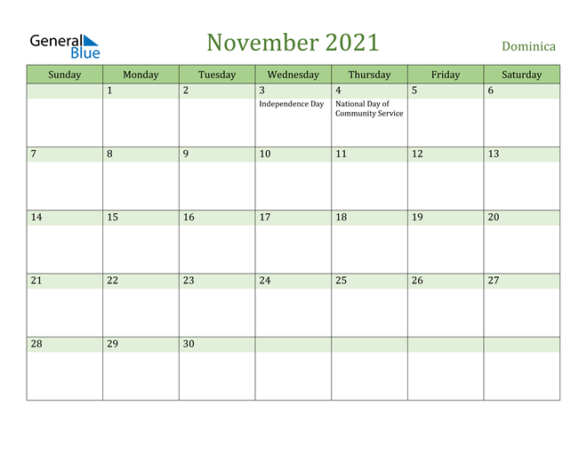 November 2021 Calendar with Dominica Holidays